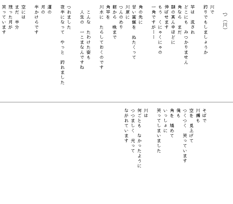 
　　　　つ（川）

　川で
　釣りでもしましょうか

　竿は　流され
　どこにも　みつかりません
　角なら　まだ
　額の真ん中ほどに
　伸ばせます
　もう　くにゃくにゃの
　一角ですが……

　角の先に
　甘い蜜蝋を　ぬたくって
　川原に
　つんのめり
　朝から　晩まで
　角竿を
　川水に　たらしておくのです

　　こんな　たわけた姿も
　　人生の　一こまなんですね

　つれました
　夜半になって　やっと　釣れました　　　

　運の
　月の
　半かけらです

　空には
　まだ　半分
　残った月が
　笑っています

　

　
　そばで
　川獺も
　空を　見上げて
　つくつく　笑っています
　俺も
　角を　矯めて
　いっしょに
　笑ってしまいました

　川は
　何ごとも　なかったように　　　　　　　
　つつましく　光って
　ながれています　