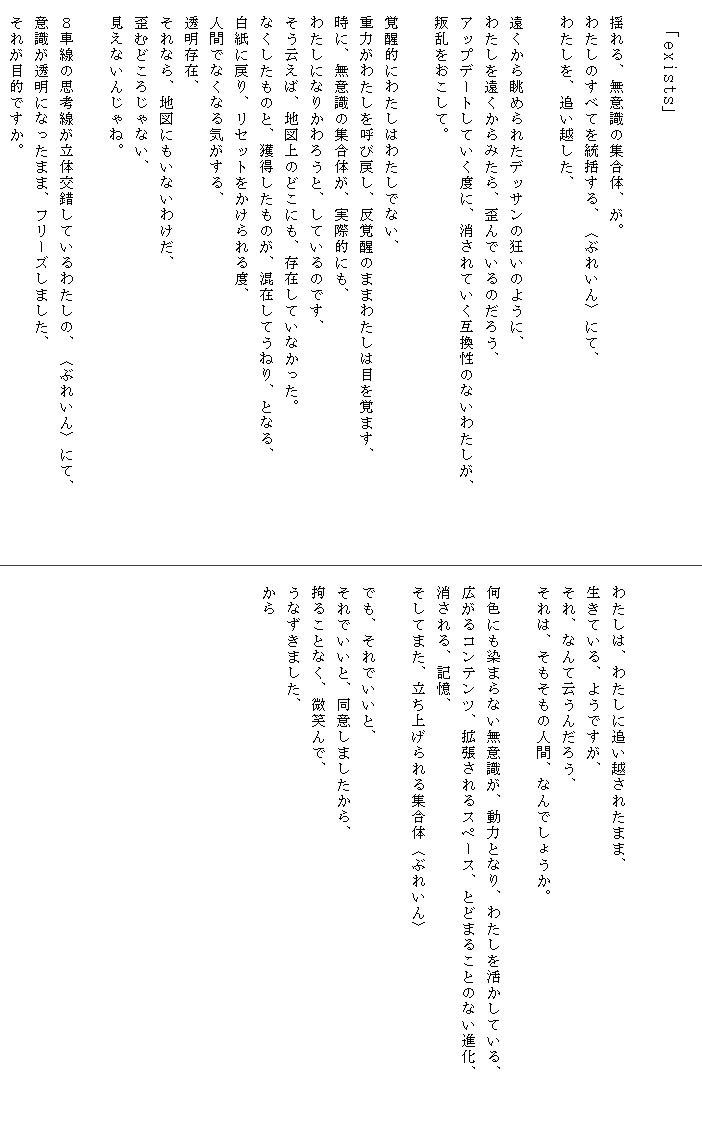 
　「exists」

　揺れる、無意識の集合体、が。
　わたしのすべてを統括する、〈ぶれいん〉にて、
　わたしを、追い越した、

　遠くから眺められたデッサンの狂いのように、
　わたしを遠くからみたら、歪んでいるのだろう、
　アップデートしていく度に、消されていく互換性のないわたしが、　　　　
　叛乱をおこして。

　覚醒的にわたしはわたしでない、
　重力がわたしを呼び戻し、反覚醒のままわたしは目を覚ます、
　時に、無意識の集合体が、実際的にも、
　わたしになりかわろうと、しているのです、
　そう云えば、地図上のどこにも、存在していなかった。
　なくしたものと、獲得したものが、混在してうねり、となる、
　白紙に戻り、リセットをかけられる度、
　人間でなくなる気がする、
　透明存在、
　それなら、地図にもいないわけだ、
　歪むどころじゃない、
　見えないんじゃね。

　８車線の思考線が立体交錯しているわたしの、〈ぶれいん〉にて、
　意識が透明になったまま、フリーズしました、
　それが目的ですか。



　わたしは、わたしに追い越されたまま、
　生きている、ようですが、
　それ、なんて云うんだろう、
　それは、そもそもの人間、なんでしょうか。

　何色にも染まらない無意識が、動力となり、わたしを活かしている、
　広がるコンテンツ、拡張されるスペース、とどまることのない進化、　　　
　消される、記憶、
　そしてまた、立ち上げられる集合体〈ぶれいん〉

　でも、それでいいと、
　それでいいと、同意しましたから、
　拘ることなく、微笑んで、
　うなずきました、
　から







