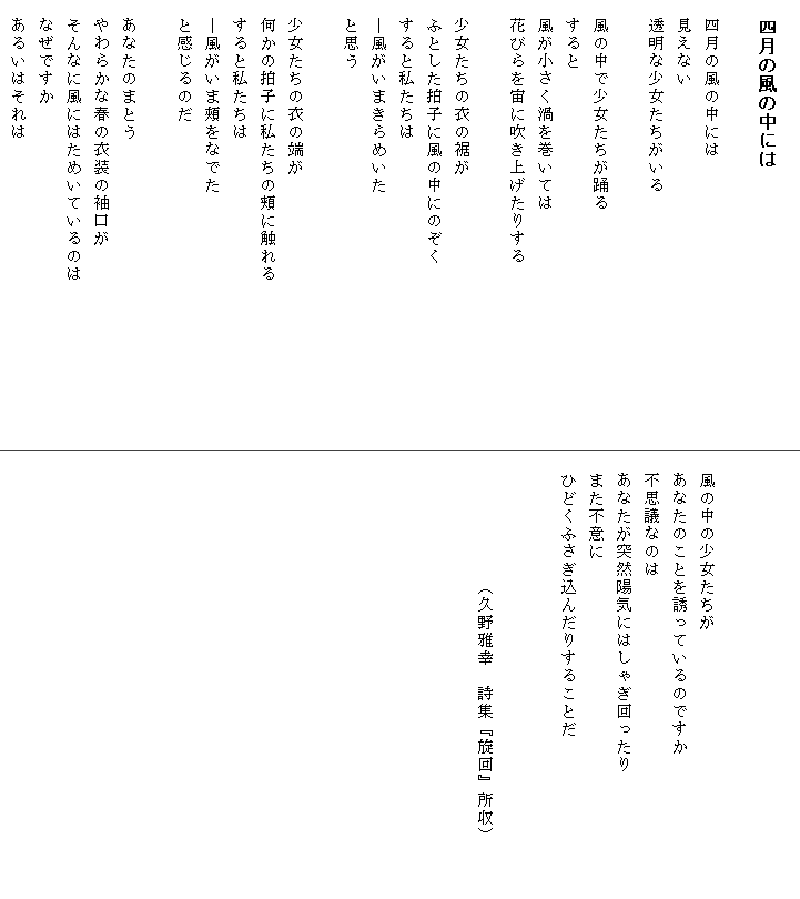 
　四月の風の中には

　四月の風の中には
　見えない
　透明な少女たちがいる

　風の中で少女たちが踊る
　すると
　風が小さく渦を巻いては
　花びらを宙に吹き上げたりする

　少女たちの衣の裾が
　ふとした拍子に風の中にのぞく
　すると私たちは
　―風がいまきらめいた
　と思う

　少女たちの衣の端が
　何かの拍子に私たちの頬に触れる　　　　　　　　　
　すると私たちは
　―風がいま?をなでた
　と感じるのだ

　あなたのまとう
　やわらかな春の衣装の袖口が
　そんなに風にはためいているのは
　なぜですか
　あるいはそれは



　風の中の少女たちが
　あなたのことを誘っているのですか
　不思議なのは
　あなたが突然陽気にはしゃぎ回ったり　　　　　　　
　また不意に
　ひどくふさぎ込んだりすることだ


　　　　　　　（久野雅幸　詩集『旋回』所収）