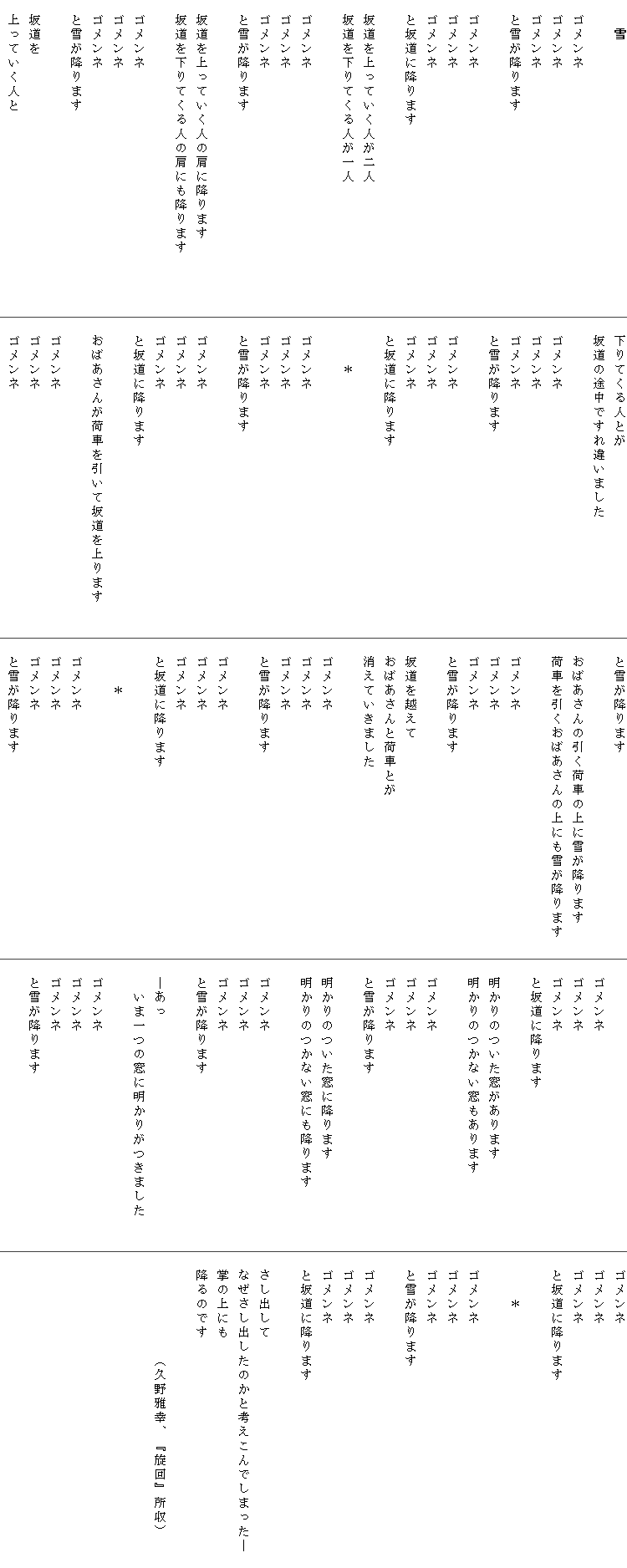 　　雪

　ゴメンネ
　ゴメンネ
　ゴメンネ
　と雪が降ります

　ゴメンネ
　ゴメンネ
　ゴメンネ
　と坂道に降ります

　坂道を上っていく人が二人
　坂道を下りてくる人が一人

　ゴメンネ
　ゴメンネ
　ゴメンネ
　と雪が降ります

　坂道を上っていく人の肩に降ります
　坂道を下りてくる人の肩にも降ります　　　　

　ゴメンネ
　ゴメンネ
　ゴメンネ
　と雪が降ります

　坂道を
　上っていく人と
　下りてくる人とが
　坂道の途中ですれ違いました

　ゴメンネ
　ゴメンネ
　ゴメンネ
　と雪が降ります

　ゴメンネ
　ゴメンネ
　ゴメンネ
　と坂道に降ります

　　　＊

　ゴメンネ
　ゴメンネ
　ゴメンネ
　と雪が降ります

　ゴメンネ
　ゴメンネ
　ゴメンネ
　と坂道に降ります

　おばあさんが荷車を引いて坂道を上ります　　

　ゴメンネ
　ゴメンネ
　ゴメンネ
　と雪が降ります

　おばあさんの引く荷車の上に雪が降ります
　荷車を引くおばあさんの上にも雪が降ります　

　ゴメンネ
　ゴメンネ
　ゴメンネ
　と雪が降ります

　坂道を越えて
　おばあさんと荷車とが
　消えていきました

　ゴメンネ
　ゴメンネ
　ゴメンネ
　と雪が降ります

　ゴメンネ
　ゴメンネ
　ゴメンネ
　と坂道に降ります

　　　＊

　ゴメンネ
　ゴメンネ
　ゴメンネ
　と雪が降ります

　ゴメンネ
　ゴメンネ
　ゴメンネ
　と坂道に降ります

　明かりのついた窓があります
　明かりのつかない窓もあります

　ゴメンネ
　ゴメンネ
　ゴメンネ
　と雪が降ります

　明かりのついた窓に降ります
　明かりのつかない窓にも降ります

　ゴメンネ
　ゴメンネ
　ゴメンネ
　と雪が降ります

　―あっ
　　いま一つの窓に明かりがつきました　　

　ゴメンネ
　ゴメンネ
　ゴメンネ
　と雪が降ります

　ゴメンネ
　ゴメンネ
　ゴメンネ
　と坂道に降ります

　　　＊

　ゴメンネ
　ゴメンネ
　ゴメンネ
　と雪が降ります

　ゴメンネ
　ゴメンネ
　ゴメンネ
　と坂道に降ります

　さし出して
　なぜさし出したのかと考えこんでしまった―　
　掌の上にも
　降るのです

　　　　　　　（久野雅幸、『旋回』所収）



