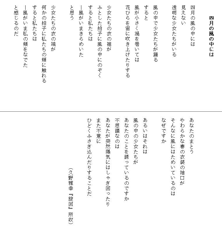 
　　　四月の風の中には　　　　　
　　　　　　　　　　　　　　　　　　　　　
　四月の風の中には
　見えない
　透明な少女たちがいる

　風の中で少女たちが踊る
　すると
　風が小さく渦を巻いては
　花びらを宙に吹き上げたりする

　少女たちの衣の裾が
　ふとした拍子に風の中にのぞく
　すると私たちは
　―風がいまきらめいた
　と思う

　少女たちの衣の端が
　何かの拍子に私たちの頬に触れる
　すると私たちは
　―風がいま私の頬をなでた
　と感じるのだ

　
　
　
　あなたのまとう
　やわらかな春の衣装の袖口が
　そんなに風にはためいているのは
　なぜですか

　あるいはそれは
　風の中の少女たちが
　あなたのことを誘っているのですか
　不思議なのは
　あなたが突然陽気にはしゃぎ回ったり
　また不意に
　ひどくふさぎ込んだりすることだ

　　　　　　　　　　（久野雅幸『旋回』所収）
　　　　