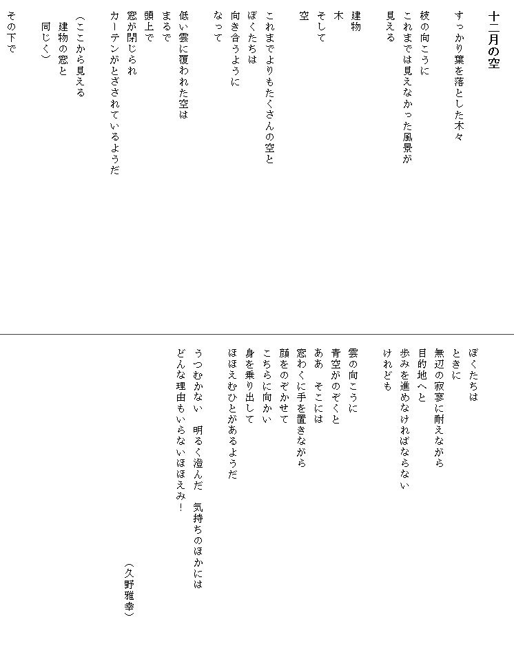 
　十二月の空

　すっかり葉を落とした木々

　枝の向こうに
　これまでは見えなかった風景が
　見える

　建物
　木
　そして
　空

　これまでよりもたくさんの空と
　ぼくたちは
　向き合うように
　なって

　低い雲に覆われた空は
　まるで
　頭上で
　窓が閉じられ
　カーテンがとざされているようだ　　　　　　　　　　　　　　

　（ここから見える
　　建物の窓と
　　同じく）

　その下で


　ぼくたちは
　ときに
　無辺の寂寥に耐えながら
　目的地へと
　歩みを進めなければならない
　けれども

　雲の向こうに
　青空がのぞくと
　ああ　そこには
　窓わくに手を置きながら
　顔をのぞかせて
　こちらに向かい
　身を乗り出して
　ほほえむひとがあるようだ

　うつむかない　明るく澄んだ　気持ちのほかには　　　　　　
　どんな理由もいらないほほえみ！


　　　　　　　　　　　　　　　　　　　　（久野雅幸）

