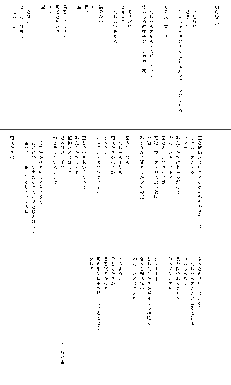 

　知らない


　―不思議ね
　　どうして
　　こんな花が風のあることを知っているのかしら　　　

　その人が言った

　わたしたちの足もとに咲いている
　今はもう綿帽子のタンポポの花

　―そうだね
　と言って
　わたしは空を見る

　雲のない
　広く
　青い
　空

　風をつくったり
　風をとめたり
　する
　空

　―とはいえ
　とわたしは思う
　―とはいえ





　空と植物とのながいながいかかわりあいの
　どれほどのことが
　いったい
　わたしたちにわかるだろう
　わたしたち　ヒトと
　空とのかかわりあいは
　植物と空とのそれに比べれば
　至極！
　わずかな時間でしかないのだ　　　　　　　　　　

　空のことなら
　わたしたちよりも
　植物たちのほうが
　ずっとよく
　知っているのにちがいない

　空とのつきあい方だって
　わたしたちよりも
　植物たちのほうが
　どれほど上手に
　つきあっていることか　

　―花を咲かせているときよりも
　　花が終わって実になっているときのほうが
　　茎をずっと長く伸ばしているのね

　植物たちは





　きっと知らないのだろう
　わたしたちのここにあることを
　虫はもちろん
　鳥や獣のあることを
　知ってはいても

　タンポポ―
　とわたしたちが呼ぶこの植物も
　きっと知らない
　わたしたちのことを

　あのように
　子どもたちが
　息を吹きかけて
　風の中に種子を放っていることも　　　　　　　　　　　
　決して



　　　　　　　　　　　　　　　　　　（久野雅幸）

