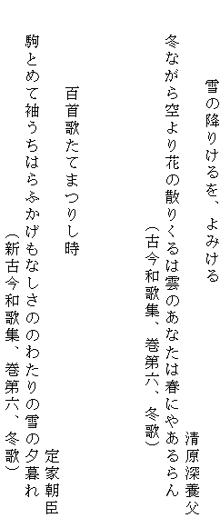 　　　 　雪の降りけるを、よみける
　　　　　　　　　　　　　　　　　　　　　　　　　清原深養父
　　冬ながら空より花の散りくるは雲のあなたは春にやあるらん
                    　（古今和歌集、巻第六、冬歌）



　　　　　百首歌たてまつりし時
　　　　　　　　　　　　　　　　　　　　　　　　　　定家朝臣
　　駒とめて袖うちはらふかげもなしさののわたりの雪の夕暮れ
　　　　　　　　　　　　　（新古今和歌集、巻第六、冬歌）