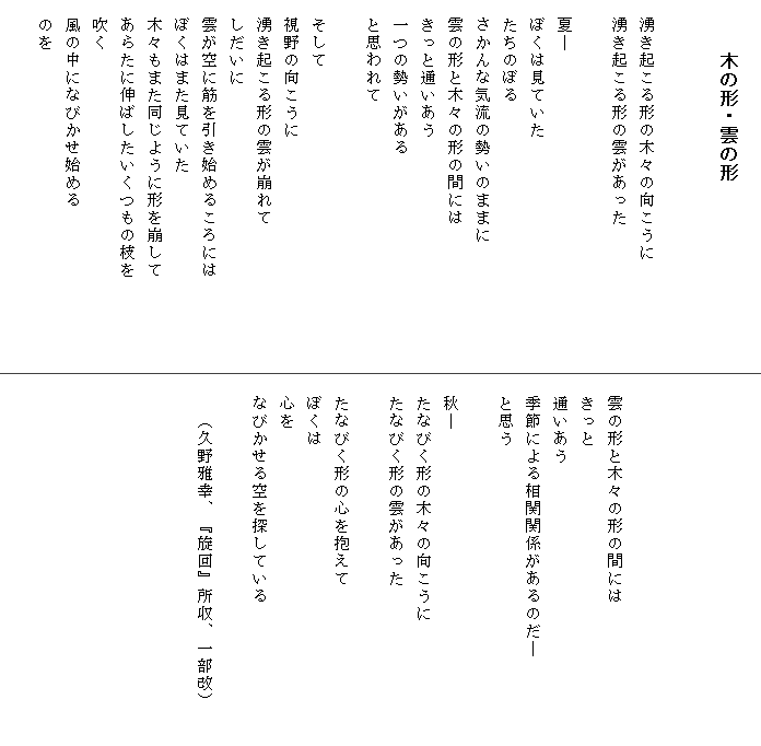 
　　　木の形・雲の形


　湧き起こる形の木々の向こうに
　湧き起こる形の雲があった

　夏―
　ぼくは見ていた
　たちのぼる
　さかんな気流の勢いのままに
　雲の形と木々の形の間には
　きっと通いあう
　一つの勢いがある
　と思われて

　そして
　視野の向こうに
　湧き起こる形の雲が崩れて
　しだいに
　雲が空に筋を引き始めるころには
　ぼくはまた見ていた
　木々もまた同じように形を崩して
　あらたに伸ばしたいくつもの枝を　　　　　
　吹く
　風の中になびかせ始める
　のを

　


　
　
　雲の形と木々の形の間には
　きっと
　通いあう
　季節による相関関係があるのだ―　　　　　
　と思う

　秋―
　たなびく形の木々の向こうに
　たなびく形の雲があった

　たなびく形の心を抱えて
　ぼくは
　心を
　なびかせる空を探している
　
　　（久野雅幸、『旋回』所収、一部改）
