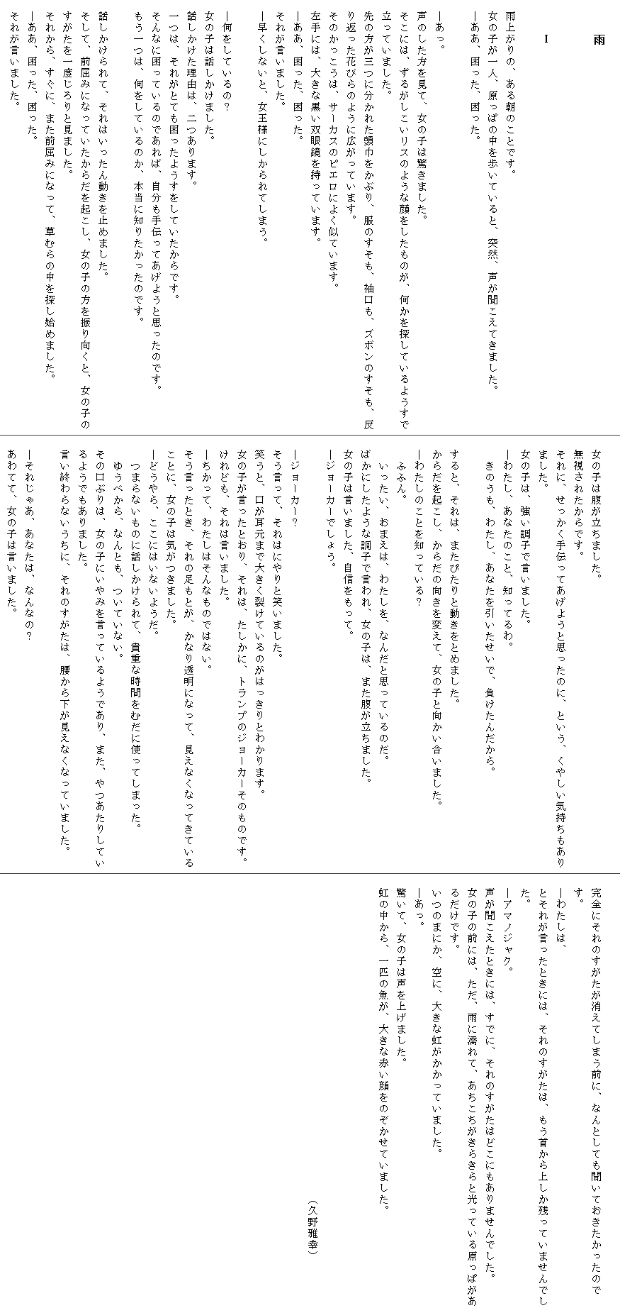 
　　　雨


　　　Ⅰ

　雨上がりの、ある朝のことです。
　女の子が一人、原っぱの中を歩いていると、突然、声が聞こえてきました。
　―ああ、困った、困った。

　―あっ。
　声のした方を見て、女の子は驚きました。
　そこには、ずるがしこいリスのような顔をしたものが、何かを探しているようすで
　立っていました。
　先の方が三つに分かれた頭巾をかぶり、服のすそも、袖口も、ズボンのすそも、反
　り返った花びらのように広がっています。
　そのかっこうは、サーカスのピエロによく似ています。
　左手には、大きな黒い双眼鏡を持っています。
　―ああ、困った、困った。
　それが言いました。
　―早くしないと、女王様にしかられてしまう。

　―何をしているの？
　女の子は話しかけました。
　話しかけた理由は、二つあります。
　一つは、それがとても困ったようすをしていたからです。
　そんなに困っているのであれば、自分も手伝ってあげようと思ったのです。
　もう一つは、何をしているのか、本当に知りたかったのです。

　話しかけられて、それはいったん動きを止めました。
　そして、前屈みになっていたからだを起こし、女の子の方を振り向くと、女の子の
　すがたを一度じろりと見ました。
　それから、すぐに、また前屈みになって、草むらの中を探し始めました。
　―ああ、困った、困った。
　それが言いました。

　女の子は腹が立ちました。
　無視されたからです。
　それに、せっかく手伝ってあげようと思ったのに、という、くやしい気持ちもあり
　ました。
　女の子は、強い調子で言いました。
　―わたし、あなたのこと、知ってるわ。
　　きのうも、わたし、あなたを引いたせいで、負けたんだから。

　すると、それは、またぴたりと動きをとめました。
　からだを起こし、からだの向きを変えて、女の子と向かい合いました。
　―わたしのことを知っている？　
　　ふふん。
　　いったい、おまえは、わたしを、なんだと思っているのだ。
　ばかにしたような調子で言われ、女の子は、また腹が立ちました。
　女の子は言いました、自信をもって。
　―ジョーカーでしょう。

　―ジョーカー？
　そう言って、それはにやりと笑いました。
　笑うと、口が耳元まで大きく裂けているのがはっきりとわかります。
　女の子が言ったとおり、それは、たしかに、トランプのジョーカーそのものです。
　けれども、それは言いました。
　―ちかって、わたしはそんなものではない。
　そう言ったとき、それの足もとが、かなり透明になって、見えなくなってきている
　ことに、女の子は気がつきました。
　―どうやら、ここにはいないようだ。
　　つまらないものに話しかけられて、貴重な時間をむだに使ってしまった。
　　ゆうべから、なんとも、ついていない。
　その口ぶりは、女の子にいやみを言っているようであり、また、やつあたりしてい
　るようでもありました。
　言い終わらないうちに、それのすがたは、腰から下が見えなくなっていました。
　
　―それじゃあ、あなたは、なんなの？
　あわてて、女の子は言いました。

　完全にそれのすがたが消えてしまう前に、なんとしても聞いておきたかったので
　す。
　―わたしは、
　とそれが言ったときには、それのすがたは、もう首から上しか残っていませんでし
　た。
　―アマノジャク。
　声が聞こえたときには、すでに、それのすがたはどこにもありませんでした。
　女の子の前には、ただ、雨に濡れて、あちこちがきらきらと光っている原っぱがあ
　るだけです。
　いつのまにか、空に、大きな虹がかかっていました。
　―あっ。
　驚いて、女の子は声を上げました。
　虹の中から、一匹の魚が、大きな赤い顔をのぞかせていました。


　
　　　　　　　　　　　　　　　　　　　　　　　　　　　　（久野雅幸）　　　　
