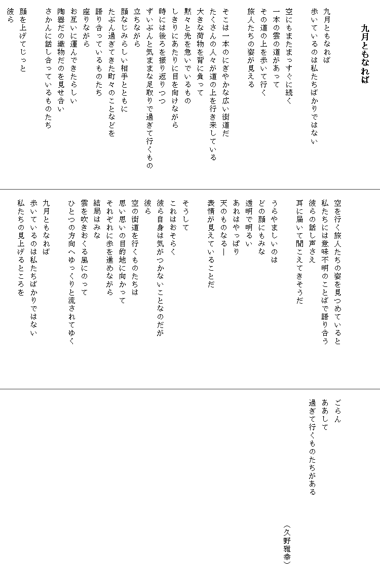
　　　九月ともなれば


　九月ともなれば
　歩いているのは私たちばかりではない
　
　空にもまたまっすぐに続く
　一本の雲の道があって
　その道の上を歩いて行く
　旅人たちの姿が見える

　そこは一本のにぎやかな広い街道だ
　たくさんの人々が道の上を行き来している
　大きな荷物を背に負って
　黙々と先を急いでいるもの
　しきりにあたりに目を向けながら
　時には後ろを振り返りつつ
　ずいぶんと気ままな足取りで過ぎて行くもの　　
　立ちながら
　顔なじみらしい相手とともに
　たぶん過ぎてきた町々のことなどを
　語り合っているものたち
　座りながら
　お互いに運んできたらしい
　陶器だの織物だのを見せ合い
　さかんに話し合っているものたち

　顔を上げてじっと
　彼ら



　空を行く旅人たちの姿を見つめていると
　私たちには意味不明のことばで語り合う
　彼らの話し声さえ
　耳に届いて聞こえてきそうだ

　うらやましいのは
　どの顔にもみな
　透明で明るい
　あれはやっぱり
　天のものなる―
　表情が見えていることだ

　そうして
　これはおそらく
　彼ら自身は気がつかないことなのだが
　彼ら
　空の街道を行くものたちは
　思い思いの目的地に向かって
　それぞれに歩を進めながら
　結局はみな
　雲を吹きおくる風にのって
　ひとつの方向へゆっくりと流されてゆく　　　　　
　　
　九月ともなれば
　歩いているのは私たちばかりではない
　私たちの見上げるところを




　ごらん
　ああして
　過ぎて行くものたちがある　　　　　　　　　　　

　　　　　　　　　　　　　　　　（久野雅幸）
