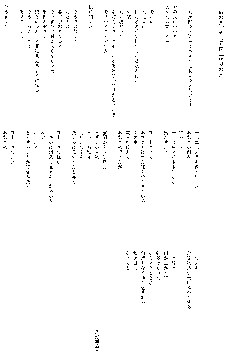 
　　雨の人、そして雨上がりの人

　

　―雨が降ると姿がはっきりと見える人なのです　　　

　その人について
　あなたは言ったが

　―それは
　　たとえば
　　私たちの前で揺れている萩の花が
　　いま
　　雨に洗われて
　　ふだんよりいっそういろあざやかに見えるという
　　そういうことですか

　私が聞くと

　―そうではなくて
　　たとえば
　　暑さがおさまると
　　それまでは目に入らなかった
　　果樹の実りが
　　突然はっきりと目に見えるようになる
　　そういうことって
　　あるでしょう

　そう言って




　一歩二歩と足を踏み出した
　あなたの前を
　すうっと
　一匹の黒いイトトンボが
　飛びすぎて

　雨が上がって
　あちこちに水たまりのできている
　園の中
　敷石を踏んで
　あなたは行ったが

　雲間からさし込む
　日ざしの中に
　それから私は
　あなたの姿を
　たしかに見失ったと思う

　雨上がりの虹が
　しだいに消えて見えなくなるのを　　　　　　　　
　私に
　いったい
　どうすることができるだろう

　雨上がりの人よ
　あなたは




　雨の人を
　永遠に追い続けるのですか　　　　　　　　　　　

　雨が降り
　雨が上がって
　虹がかかった
　そういうことが
　何度となく繰り返される
　秋の日に
　あっても
　
　

　　　　　　　　　　　　　　　　（久野雅幸）
