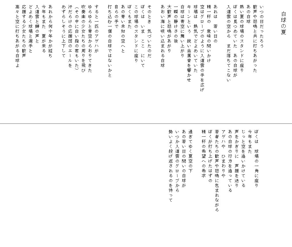 
　　　　白球の夏


　いつの日だったろう
　歓声や悲鳴と共に打ちあがった
　あの白球
　熱い夏の球場のスタンドに座り
　ぼくは見つめていた　あの白球が
　入道雲の空から　まだ落ちてこない

　あれは　若い日の
　精一杯の　意味の問いかけ
　空はグローブのように入道雲の手を広げ　　　　　　
　球場は　熱気でどよめいていた
　キーンという　鋭い金属音を響かせ
　白球は青空に舞い上がり
　一瞬の静けさの後
　大歓声と悲鳴があがり
　あおい海に吸い込まれる白球

　そのとき　気づいたのだ
　ぼくは　いま　ここ　にいて
　この球場のスタンドに座り
　ぼくもまた
　あの青い未知の空へと
　自らの手で
　打ち込む一個の白球ではないかと

　すると一匹のアゲハが
　ゆらゆらと青空からおりてきた
　吹奏楽の少女たちの周りを飛び
　（その中に白い指の君もいた）
　汗だらけの応援団のエールを
　めずらしそうに上下して

　あれから何十年かが経ち
　今年もまた　夏が来る
　入道雲と蝉の声と
　どよめく球場と選手と
　応援する少女たちの歓声
　高々と空に打ちあがる白球よ







　ぼくは　球場の一角に座り
　今年もまた
　じっと空を追いかけている
　声をかぎりに　声援を送り
　あの白球の行方を追っている
　アゲハや　ひまわりや
　若者たちの歓声や悲鳴に包まれながら　　　　　　　
　ぼくが打ち上げたはずの
　精一杯の希望への希求

　過ぎてゆく夏空の下
　あの若い日の問いの白球が
　いつか入道雲のグローブから
　勢いよく投げ返されるのを待って
