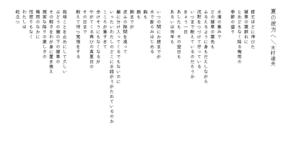 
　　　夏の彼方へ＼木村迪夫


　　膝丈ほどに伸びた
　　雑草の葉群れに
　　とめどもなく降る梅雨の
　　季節の盛り

　　水滴の重みで
　　どの雑草の葉先も
　　ふるえるように身もだえしながら
　　沈黙をつづけて佇っている
　　いつまで耐えているのだろうか
　　きょう一日
　　あしたも　その翌日も
　　あるいは何年も

　　いつの間にか腹までが
　　水で膨らみはじめる
　　胸も
　　腕も
　　脚までが
　　皮ふの隙間を浸って
　　?に分け入ってくるでもないのに
　　いったいわたしのどこに水路がうがたれているのか   　　
　　こころが重すぎて
　　歩けそうにもなくなるが
　　やがてくる再びの真夏日の
　　その日まで
　　耐えて待つ覚悟をする

　　栽培ことを止めにして久しい
　　ぶどうの棚の下の雑草の
　　その靱さをわが身に置き換え
　　現実な降りの激しさの
　　梅雨のなかに
　　性懲りもなく
　　わたしは
　　屹立つ
　
