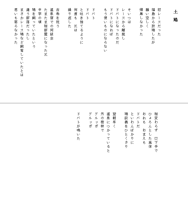 

　　　　土 鳩
 　　　　　　　　　　　　　　　　　　　　　　　　　　　　　　　　　　　　　　　　　　　　　　　　　　　　　　　　　　　　　　
　　初レースだった
　　福島から放鳩したが
　　願い空しく
　　帰巣しなかった

　　そいつは
　　レースから離脱し
　　ドバトになったのだ
　　ドバトになれば
　　もう使いものにならない

　　ドバト
　　ドバト
　　と吐き捨てるように
　　何度も　Ｋは
　　繰り返した

　　古希を祝う
　　温泉宿での同級会
　　たまたま相部屋になったＫ
　　中学の頃
　　鳩を飼っていたという
　　違う部落だったし
　　まさかレース鳩など飼育していたとは　　　　　　
　　思いも寄らなかった







　　相変わらず　口下手で
　　ひょろんとした風体
　　おれも　おまえも
　　ドバトだ
　　といわんばかりに
　　鳩談義をひとくさり

　　翌朝早く
　　温泉につかっていると
　　外の樹林で
　　グルッポ
　　グルッポ

　　ドバトが鳴いた　　　　　　　　　　　　　　　　
　　
　　
　　

　　
