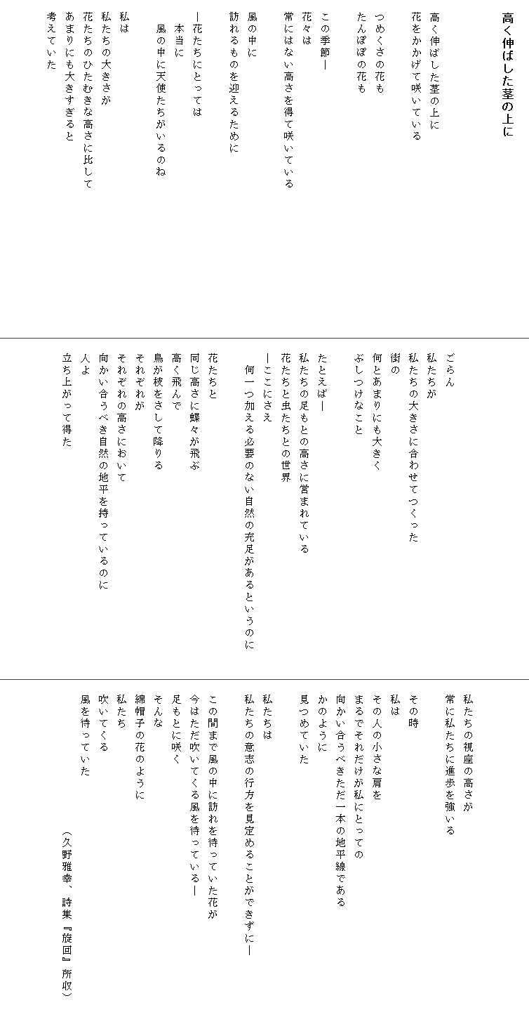 
　高く伸ばした茎の上に



　高く伸ばした茎の上に
　花をかかげて咲いている

　つめくさの花も
　たんぽぽの花も

　この季節―
　花々は
　常にはない高さを得て咲いている

　風の中に
　訪れるものを迎えるために

　―花たちにとっては
　　本当に
　　風の中に天使たちがいるのね

　私は
　私たちの大きさが
　花たちのひたむきな高さに比して　　　　　　　　　　　　
　あまりにも大きすぎると
　考えていた





　
　ごらん
　私たちが
　私たちの大きさに合わせてつくった
　街の
　何とあまりにも大きく
　ぶしつけなこと

　たとえば―
　私たちの足もとの高さに営まれている
　花たちと虫たちとの世界
　―ここにさえ
　　何一つ加える必要のない自然の充足があるというのに　　

　花たちと
　同じ高さに蝶々が飛ぶ
　高く飛んで
　鳥が枝をさして降りる
　それぞれが
　それぞれの高さにおいて
　向かい合うべき自然の地平を持っているのに
　人よ
　立ち上がって得た






　私たちの視座の高さが
　常に私たちに進歩を強いる

　その時
　私は
　その人の小さな肩を
　まるでそれだけが私にとっての
　向かい合うべきただ一本の地平線である
　かのように
　見つめていた

　私たちは
　私たちの意志の行方を見定めることができずに―　　　　　

　この間まで風の中に訪れを待っていた花が
　今はただ吹いてくる風を待っている―
　足もとに咲く
　そんな
　綿帽子の花のように
　私たち
　吹いてくる
　風を待っていた
　　　　　　　　　　　　（久野雅幸、詩集『旋回』所収）
　


