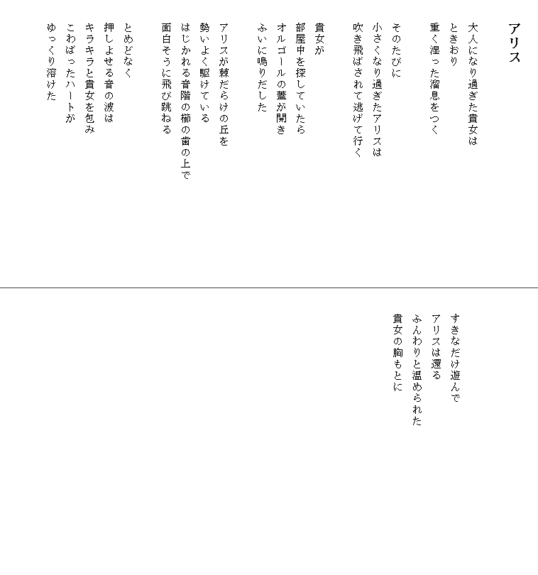 
　　アリス

　　大人になり過ぎた貴女は
　　ときおり
　　重く湿った溜息をつく

　　そのたびに
　　小さくなり過ぎたアリスは
　　吹き飛ばされて逃げて行く

　　貴女が
　　部屋中を探していたら
　　オルゴールの蓋が開き
　　ふいに鳴りだした

　　アリスが棘だらけの丘を
　　勢いよく駆けている
　　はじかれる音階の櫛の歯の上で　　　　　　　　　
　　面白そうに飛び跳ねる

　　とめどなく
　　押しよせる音の波は
　　キラキラと貴女を包み
　　こわばったハートが
　　ゆっくり溶けた






　　すきなだけ遊んで
　　アリスは還る
　　ふんわりと温められた　　　　　　　　　　　　　
　　貴女の胸もとに
　　
　　
　　
　　　　　　　　　　　　

　