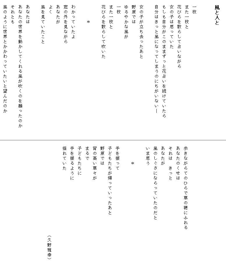 
　風と人と


　一枚
　また一枚と
　花びらを散らして占いながら
　女の子は思っていた
　もしも自分がこのままずっと花占いを続けていたら　　　　
　自分はきっと風になってしまうのにちがいない―

　女の子が立ち去ったあと
　野原では
　ゆるやかな風が
　一枚
　また一枚と
　花びらを散らして吹いた

　　　　＊

　わかっていたよ
　窓の外を見ながら
　あなたが
　よく
　風を見ていたこと
　
　あなたは
　あなたの世界を動かしてくれる風が吹くのを願ったのか
　それとも
　風のように世界とかかわっていたいと望んだのか　　　　　





　歩きながらてのひらで草の穂にふれる
　あなたのくせは
　それは　きっと
　あなたが
　風のしぐさにならっていたのだと
　いま思う

　　　　＊

　手を振って
　子どもたちが帰っていったあと
　野原では
　背の高い草々が　　　　　　　　　　　　　　　　　　　　
　まるで
　子どもたちに
　手を振るように　　　　　　　　　　　　　　　　　　　　
　揺れていた

　　　　　　　　　　　　　　　　　　　　　　　　　　　　（久野雅幸）

　



