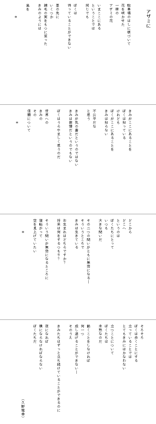 
　　アザミに


　駐車場のはしに根づいて
　花を咲かせた
　一株の
　アザミの花

　いまここにある
　ということでは
　同じでも

　ぼくは
　待っていることができない　　　　　　　　　　　　　　

　茎の先に
　いくつか
　綿毛の実をもつに至った
　きみのようには

　風を

　　　　＊






　きみがここにあることを
　ぼくは知っている
　けれども
　ぼくがここにあることを
　きみは知らない

　不公平だな
　と思う

　きみが気の毒だというのではない　　　　　　　　　　　　
　きみは傲慢だというのでもない

　ぼくはうらやましく思うのだ

　世界への
　きみの
　その
　信頼について

　　　　＊






　どこから
　どこへ
　というのは
　ぼくたちにとって
　いつも
　大きな問いだ

　その二つの問いがともに無効になる―　　　　　　　　　
　そういうところで
　きみは生きている

　お生まれはどちらですか？
　将来は何をするつもり？

　そういう問いが無効になるところに
　寝転がって
　空を見上げていたい

　　　　＊





　そろそろ
　ぼくは歩くことにする
　立っていることでは
　とてもきみにはかなわない

　立つことについて
　ぼくたちは
　未熟なのだ

　動くことをしなければ
　何一つ
　成し遂げることができない―
　そのうえ

　きみたちはずっと立ち続けていることができるのに　　　
　
　夜になれば
　横にならなければならない　　　　　　　　　　　　　　
　ぼくたちだ
　　　　　　　　　　　　　　　　　　
　　　　　　　　　　　　　　　　　　　　（久野雅幸）
　

