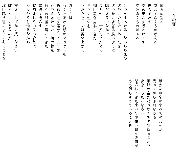 
　　　　日々の扉

　彼方の空へ
　堕ちてゆくものがある
　声もあげず
　空の青さに吸われては
　流れゆくものがある

　このうすあかるい秋のしじまの　　　
　ほそい糸と糸のあいだを
　ほのかによぎる風のように
　陽だまりのなかで
　ひとつの生命がくつがえる
　梢に置き忘れてきた
　日々の想いを
　拾おうとしては舞い上がる

　ぼくらは
　つくりあげた砂のデッサンを
　幾度も闇に溶かしこんでは
　かぞえきれない　時の絵を
　独りの部屋で描いてきた
　窓辺を鳴らす
　時雨まじりの風の音色に
　ひっそりと怯えながら

　友よ　しずかに笑いなさい
　ぼくらのいとなみが
　海に降る雪のようであることを
　


　確かなはずのすべての想いが
　光ってはちぎれながら
　季節の空に沈みゆくものであることを
　友よ　うたいなさい
　閉ざしてきたすべての昏い日々の扉が　　　
　もう朽ちはてていることを
　
　
