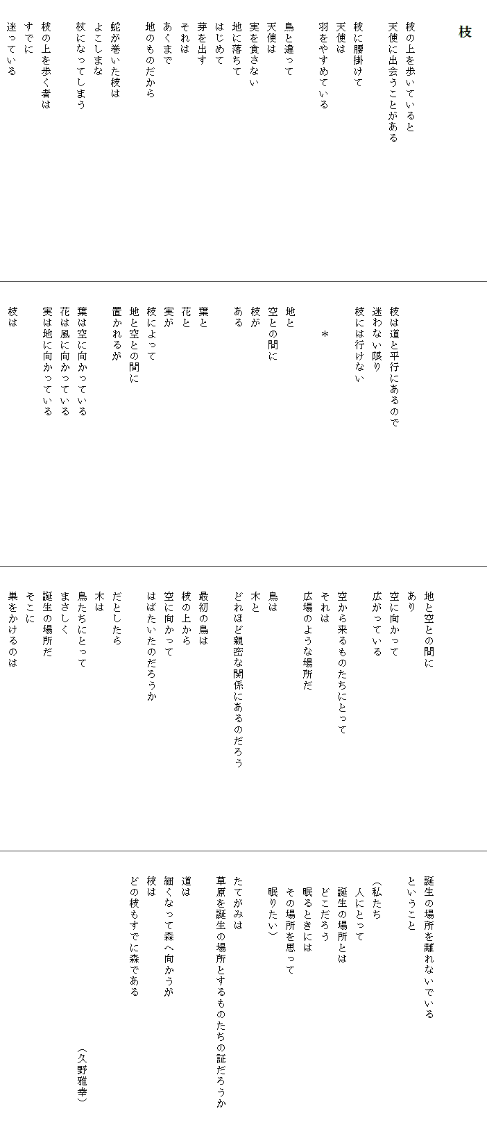 
　　　　枝

　
　　枝の上を歩いていると　　　　　　　　　　　　　
　　天使に出会うことがある

　　枝に腰掛けて
　　天使は
　　羽をやすめている

　　鳥と違って
　　天使は
　　実を食さない
　　地に落ちて
　　はじめて
　　芽を出す
　　それは
　　あくまで
　　地のものだから

　　蛇が巻いた枝は
　　よこしまな
　　杖になってしまう

　　枝の上を歩く者は
　　すでに
　　迷っている





　　枝は道と平行にあるので
　　迷わない限り
　　枝には行けない

　　　　＊

　　地と
　　空との間に
　　枝が
　　ある

　　葉と
　　花と
　　実が
　　枝によって
　　地と空との間に
　　置かれるが　　　　　　　　　　　　　　　　　　

　　葉は空に向かっている
　　花は風に向かっている
　　実は地に向かっている

　　枝は



　　地と空との間に
　　あり
　　空に向かって
　　広がっている

　　空から来るものたちにとって
　　それは
　　広場のような場所だ

　　鳥は
　　木と
　　どれほど親密な関係にあるのだろう　　　　　　　

　　最初の鳥は
　　枝の上から
　　空に向かって
　　はばたいたのだろうか

　　だとしたら
　　木は
　　鳥たちにとって
　　まさしく
　　誕生の場所だ
　　そこに
　　巣をかけるのは



　　誕生の場所を離れないでいる
　　ということ

　　（私たち
　　　人にとって
　　　誕生の場所とは
　　　どこだろう
　　　眠るときには
　　　その場所を思って
　　　眠りたい）

　　たてがみは
　　草原を誕生の場所とするものたちの証だろうか　　　

　　道は
　　細くなって森へ向かうが
　　枝は
　　どの枝もすでに森である


　　　　　　　　　　　　　　　　　（久野雅幸）