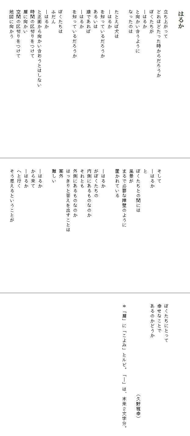 
　　　　はるか

　　立ち上がって
　　どれほどたった時からだろうか　　　　　　　　　　　　　　　　
　　ぼくたちが
　　―はるか
　　と向かい合うように
　　なったのは

　　たとえば犬は
　　―はるか
　　を知っているだろうか
　　あるいは
　　猿であれば
　　―はるか
　　を知っているだろうか
　　
　　ぼくたちは
　　ふだん
　　―はるか
　　と正面から向かい合おうとはしない　　　　　　　　　　
　　時間の区切りをつけて
　　暦に向かい
　　空間の区切りをつけて
　　地図に向かう
　　




　　そして
　　―はるか
　　と
　　ぼくたちとの間には
　　風景が
　　まるで必要な障壁のように
　　置かれている
　　　　　　　　
　　―はるか
　　がぼくたちの
　　内側にあるものなのか
　　それとも
　　外側にあるものなのか
　　はっきりと答えを出すことは　　　　　　　　　　　　
　　案外
　　難しい

　　―はるか
　　から来て
　　―はるか
　　へと行く
　　そう思えるということが




　　ぼくたちにとって
　　幸せなことで
　　あるのかどうか

　　　　　　　　　　　　　　　　　　　　（久野雅幸）

　　＊「暦」に「こよみ」とルビ。「―」は、本来２文字分。　
　　