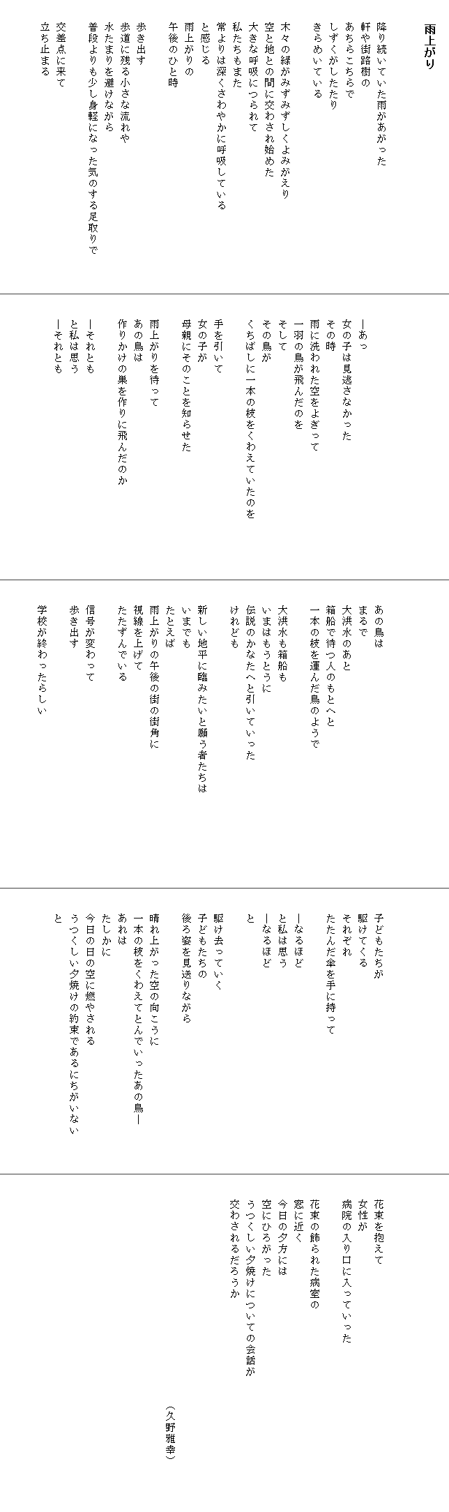 
　　雨上がり


　　降り続いていた雨があがった　　　　　　　　　　
　　軒や街路樹の
　　あちらこちらで
　　しずくがしたたり
　　きらめいている

　　木々の緑がみずみずしくよみがえり
　　空と地との間に交わされ始めた
　　大きな呼吸につられて
　　私たちもまた
　　常よりは深くさわやかに呼吸している
　　と感じる
　　雨上がりの
　　午後のひと時

　　歩き出す
　　歩道に残る小さな流れや
　　水たまりを避けながら
　　普段よりも少し身軽になった気のする足取りで　　　

　　交差点に来て
　　立ち止まる







　　―あっ
　　女の子は見逃さなかった
　　その時
　　雨に洗われた空をよぎって
　　一羽の鳥が飛んだのを
　　そして
　　その鳥が
　　くちばしに一本の枝をくわえていたのを　　　　　

　　手を引いて
　　女の子が
　　母親にそのことを知らせた

　　雨上がりを待って
　　あの鳥は
　　作りかけの巣を作りに飛んだのか

　　―それとも
　　と私は思う
　　―それとも







　　あの鳥は
　　まるで
　　大洪水のあと
　　箱船で待つ人のもとへと
　　一本の枝を運んだ鳥のようで

　　大洪水も箱船も
　　いまはもうとうに
　　伝説のかなたへと引いていった
　　けれども

　　新しい地平に臨みたいと願う者たちは　　　　　　　　
　　いまでも
　　たとえば
　　雨上がりの午後の街の街角に
　　視線を上げて
　　たたずんでいる

　　信号が変わって
　　歩き出す

　　学校が終わったらしい






　　子どもたちが
　　駆けてくる
　　それぞれ
　　たたんだ傘を手に持って

　　―なるほど
　　と私は思う
　　―なるほど
　　と

　　駆け去っていく
　　子どもたちの
　　後ろ姿を見送りながら

　　晴れ上がった空の向こうに
　　一本の枝をくわえてとんでいったあの鳥―
　　あれは
　　たしかに
　　今日の日の空に燃やされる
　　うつくしい夕焼けの約束であるにちがいない　　　
　　と







　　花束を抱えて
　　女性が
　　病院の入り口に入っていった

　　花束の飾られた病室の
　　窓に近く
　　今日の夕方には
　　空にひろがった
　　うつくしい夕焼けについての会話が　　　　　　　　　　　　
　　交わされるだろうか



　　　　　　　　　　　　　　　　　　　　（久野雅幸）
　　　　


　
　　