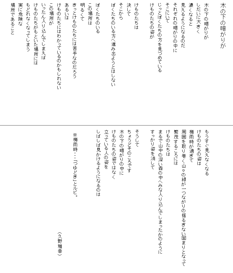
　木の下の暗がりが

　木の下の暗がりが
　しだいに大きく
　濃くなると
　見えるようになるのだ
　それぞれの暗がりの中に
　そこにいて
　じっとぼくたちの方を見つめている
　けものたちの姿が

　けものたちは
　決して
　そこから
　ぼくたちのいる方へ進み出ようとはしない

　ぼくたちのいる
　この場所は
　明るくて
　きっとけものたちには苦手なのだろう
　あるいは
　けものたちにはわかっているのかもしれない　　　　　　　　　　　
　この場所が
　いったん入り込んでしまえば
　けものたちがもといた場所には
　もどれなくなってしまう
　実に危険な
　場所であること




　もうすぐ見えなくなる
　けものたちの姿は
　梅雨時が過ぎて
　周囲を取り巻く山々の緑が一つながりの揺るぎない固まりとなって　　
　繁茂するころには
　けものたちは
　まるで山中の深い森の中へみな入り込んでしまったかのように
　すっかり姿を消して

　そうして
　ちょうどそのころです
　木の下の暗がりの中に
　けものたちの姿ではなく
　立っている人の姿を
　しばしば見かけるようになるのは


　　※梅雨時・・・「つゆどき」とルビ。

　　　　　　　　　　　　　　　　　　　　　　　　　　　　　　　　　　（久野雅幸）　　