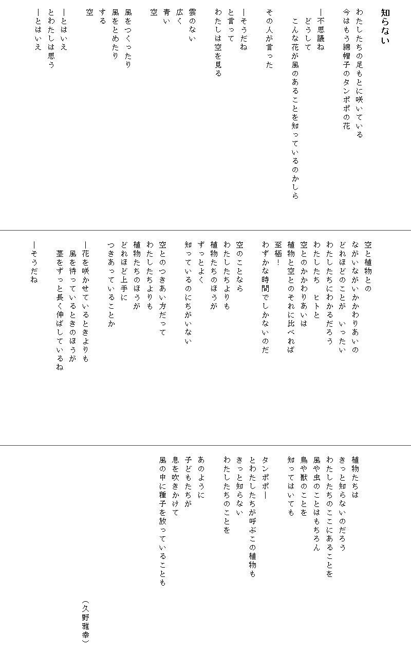 

　知らない

　わたしたちの足もとに咲いている
　今はもう綿帽子のタンポポの花

　―不思議ね
　　どうして
　　こんな花が風のあることを知っているのかしら　　　
　
　その人が言った

　―そうだね
　と言って
　わたしは空を見る

　雲のない
　広く
　青い
　空

　風をつくったり
　風をとめたり
　する
　空

　―とはいえ
　とわたしは思う
　―とはいえ





　空と植物との
　ながいながいかかわりあいの
　どれほどのことが　いったい
　わたしたちにわかるだろう
　わたしたち　ヒトと
　空とのかかわりあいは
　植物と空とのそれに比べれば
　至極！
　わずかな時間でしかないのだ　　　　　　　　　　

　空のことなら
　わたしたちよりも
　植物たちのほうが
　ずっとよく
　知っているのにちがいない

　空とのつきあい方だって
　わたしたちよりも
　植物たちのほうが
　どれほど上手に
　つきあっていることか　

　―花を咲かせているときよりも
　　風を待っているときのほうが
　　茎をずっと長く伸ばしているね

　―そうだね






　植物たちは
　きっと知らないのだろう
　わたしたちのここにあることを
　風や虫のことはもちろん
　鳥や獣のことを
　知ってはいても

　タンポポ―
　とわたしたちが呼ぶこの植物も
　きっと知らない
　わたしたちのことを

　あのように
　子どもたちが
　息を吹きかけて
　風の中に種子を放っていることも
　　　　　　　　　　　




　　　　　　　　　　　　　　　　　（久野雅幸）


